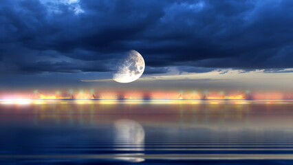   sea at nigh ,tarry sky and big moon  at sea  blue cloudy  dramatic sky sun light and big moon reflection on water waves nature background