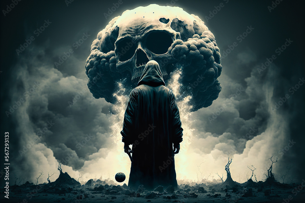 Wall mural concept of grim reaper standing in front of atomic bomb explosion