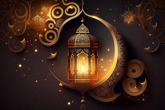 Islamic Lantern wth moon, islamic background, ramadan, Generative AI