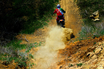 A motorcyclist on an enduro sports bike descends a mountain with a lot of dust on dry clay	

