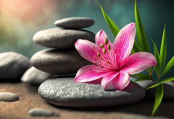 Obraz na płótnie Canvas pinkfarbene Lilie mit Steinen und natürlichen Hintergrund, Wellnesskonzept