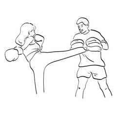 young woman doing kickboxing training with her coach illustration vector hand drawn isolated on white background line art.