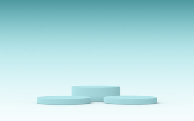 3D blue podium for product display. Three split level platforms on a blue and white gradient background. For presentation needs. 3D illustration.