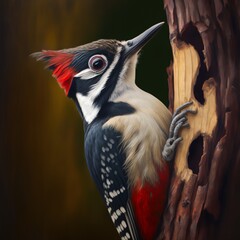 Woodpecker. Greater spotted woodpecker. Generative AI.