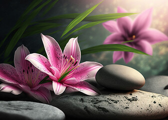 pinkfarbene Lilie mit Steinen und natürlichen Hintergrund, Wellnesskonzept - obrazy, fototapety, plakaty