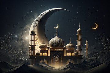 Ramadan kareem, Muslim Mosque with moon, Eid mubarak greeting background, copy space, Generative Ai