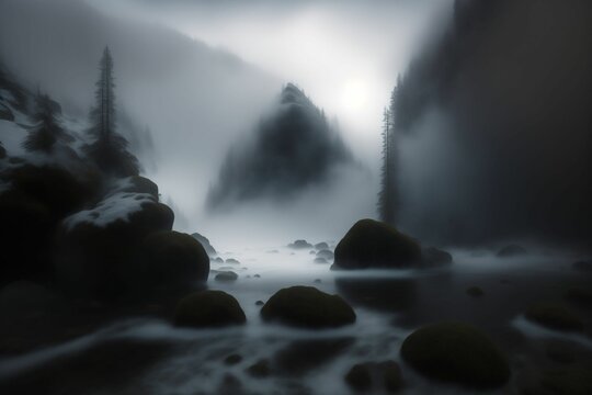 un paysage vierge et sauvage de rivière et une vallée entourée de roche et montagne dans la brume - generative IA.