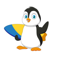 Cute cartoon penguin carrying a surfboard