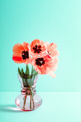 Big flowers bouquet of pink tulips in vintage glass vase on blue background. Copy space. Business card. Invitation postcard. Mockup design. International holiday. Hello spring. 8 march. Greeting card