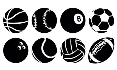 Set of sports balls black and white vector images. Silhouette graphics of american football and soccer, baseball, basketball, bowling, snooker volleyball and tennis.