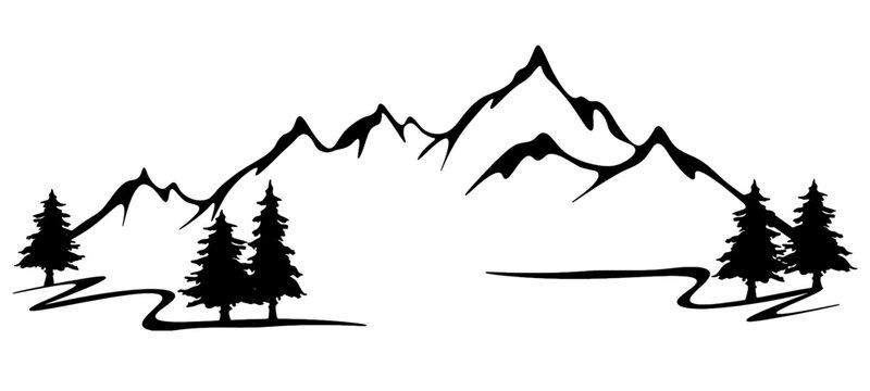 Black silhouette of mountains and fir trees camping landscape panorama illustration icon vector for logo, isolated on white background...