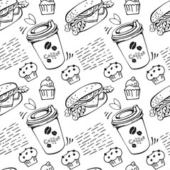 Disposable paper cup with coffee, Burger, Muffin with chocolate chips, Cupcake, leaves, decorative elements black and white seamless pattern