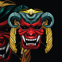 Artistic vector illustration of colored and shaped samurai masks. Cool monster face