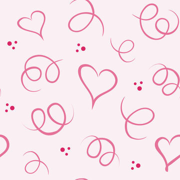 Seamless pattern with watercolor pink hearts and squiggles. Romantic cute kid print. Little princess design. Pink wallpaper for baby girl. Valentines day concept
