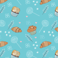 Vector seamless pattern with confectionery, desserts and decorative elements in cartoon style on blue background. For textiles, wallpapers, wrapping paper, backgrounds