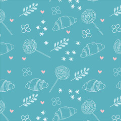 Vector seamless pattern with confectionery, desserts and decorative elements in cartoon style white and pink on blue background. For textiles, wallpapers, wrapping paper, backgrounds
