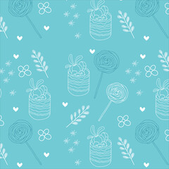 Vector seamless pattern with confectionery, desserts and decorative elements in cartoon style white on blue background. For textiles, wallpapers, wrapping paper, backgrounds