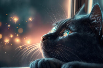Cat lying on the window watching fireworks, soft and beautiful light. Generative AI.