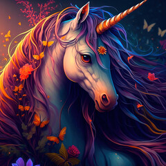 Fairytale unicorn portrait with bright colours and flowers made with Artificial Intelligence