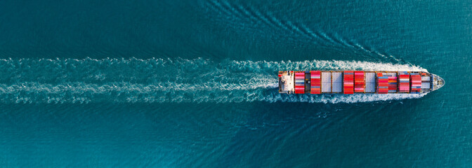 banner,Top view of cargo container ship carrying container and running for export goods from cargo...