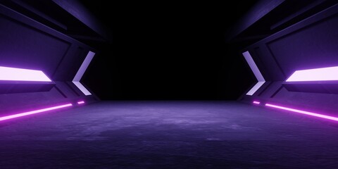 3d rendering of spaceship corridor purple neon light hallway concrete background. Cyberpunk concept. Scene for advertising, showroom, technology, future, modern, sport, metaverse. Sci Fi Illustration