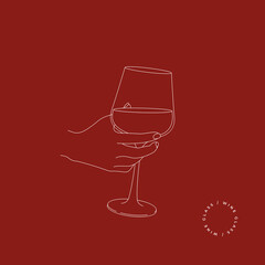 Hand with wine glass. Minimalist line style. V