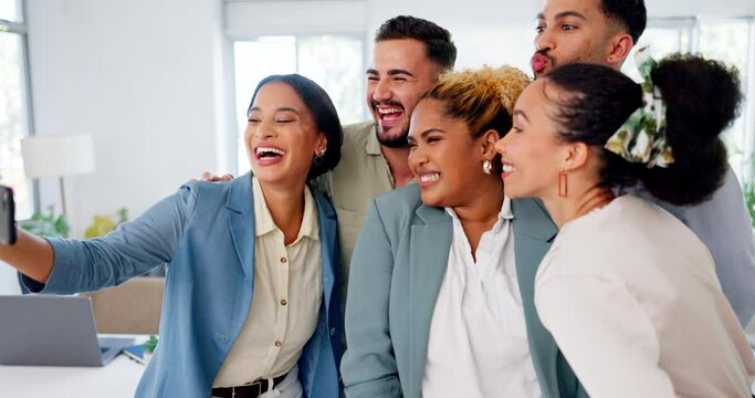 Selfie, office team or people with funny, meme or crazy face in social media post, online update and happy diversity. Workplace inclusion, excited influencer or gen z employees in profile picture