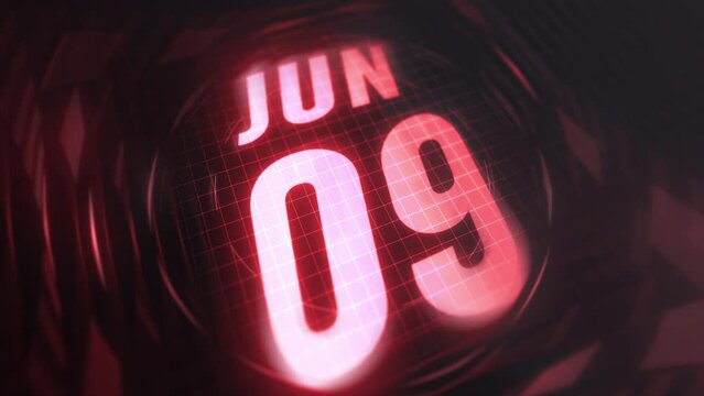 9 June in 3d motion graphic. Infrared calendar in futuristic and tech glowing neon for takes, commemoratives in led and etc. 4k in loop