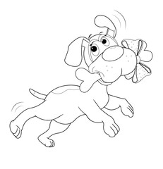 Joyful dog with gift bone, coloring book, and sketch. Small, joyfully jumping, dog, with a gift bone, black lines on a white background. Dog coloring book