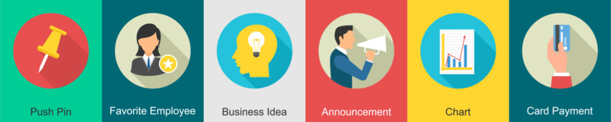 A set of 6 Business icons as push pin, female employee, business idea