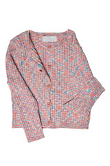 Obraz premium Girls clothes. Multi-colored knitted elegant fluffy cardigan or jumper with v-neck and button closure isolated on a white background. Clipping path. Kids and children's fashion.