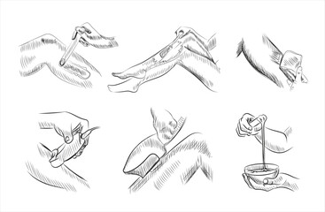 Hand drawn sketch of set of Epilation, depilation. Hair removing. Strip for waxing; bowl with spoon for waxing.Applying wax with wax stick; shaving leg with razor; Laser hair removal device