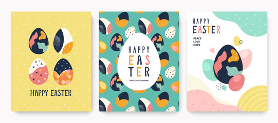 Easter greeting cards collection. Vector cartoon illustration of three cards with Easter modern eggs and abstract shapes on pink, blue, and yellow backgrounds