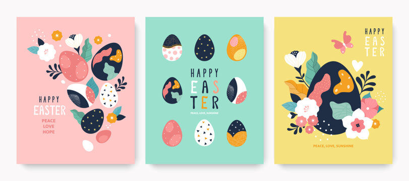 Easter greeting cards collection. Vector cartoon illustration of three cards with Easter modern eggs and abstract spring flowers on pink, blue, and yellow backgrounds