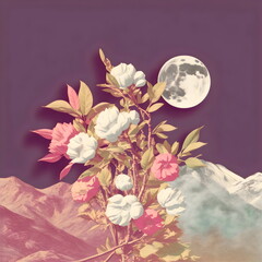 retro aesthetic cut and paste collage of a bunch of flowers with mountains, sky and moon, generative ai