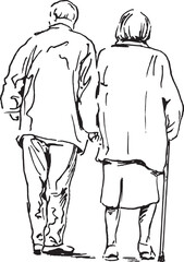 Hand drawn sketch of a couple of old people on a walk. Vector illustration.