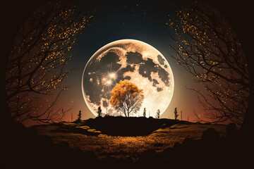 Fototapeta na wymiar Gigantic moon rising above majestic forest with a large tree silhouette, Generative AI