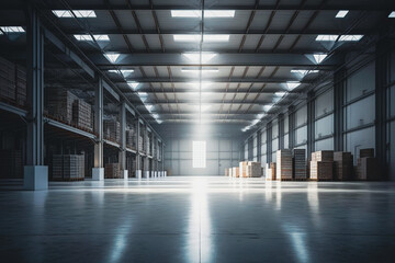 Large warehouse with pallets and boxes, logistics industry, Generative AI