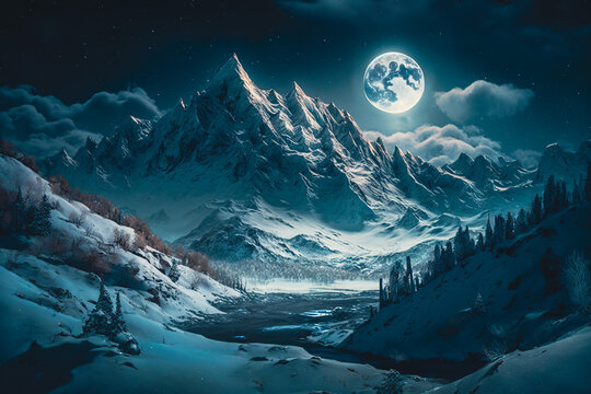Gorgeous moonlight view of a snowy mountain landscape with a large moon in the sky, Generative AI