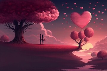 two hearts in the sky, girl and boy, pink hearts, Valentine,  love