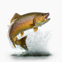 leaping brown trout, white background - obrazy, fototapety, plakaty