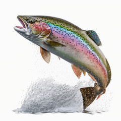 leaping rainbow trout, white background, generated by IA - obrazy, fototapety, plakaty