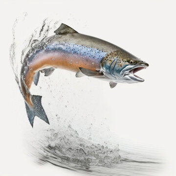 leaping rainbow trout, white background