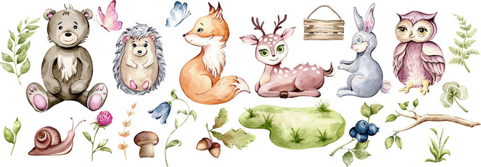 Woodland Forest Animals clipart. Cute little fox, rabbit, bear, hedgehog, owl, bear, deer, mushroom, flowers, twigs, grass and butterfly. Watercolor illustration for baby shower invite, birthday