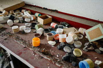 Old and abandoned school art class, class with photo materials and paints.