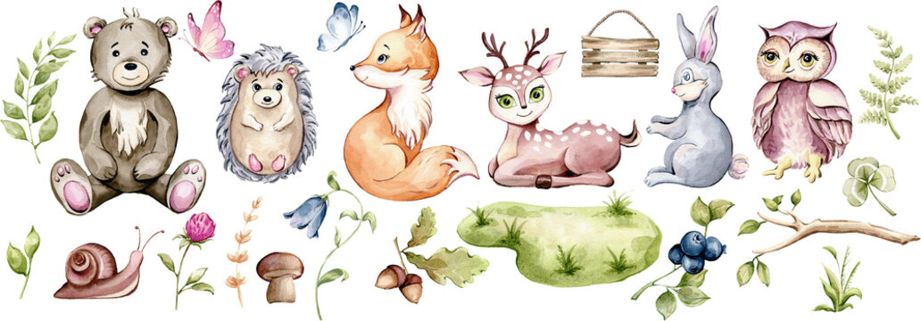 Woodland Forest Animals Clipart. Cute Little Fox, Rabbit, Bear, Hedgehog, Owl, Bear, Deer, Mushroom, Flowers, Twigs, Grass And Butterfly. Watercolor Illustration For Baby Shower Invite, Birthday