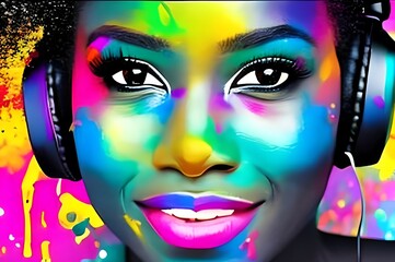 Stylized portrait of a beautiful black girl with headphones, with paint splashes. colorful paints smudges, spatter. Generative ai