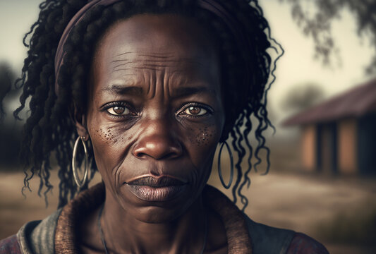 Portrait of sad strong black woman looking at camera. Generative AI
