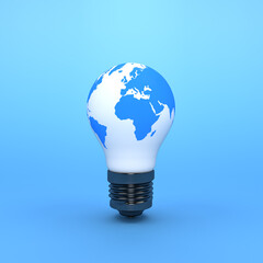 Light bulb is isolated on a light blue background. Map of the Earth. Lighting equipment. 3D rendering. Illustration.