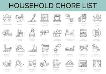 Set of 32 icons ralated to household chore list. Housework, housekeeping. Editable stroke icons collection. Vector illustration